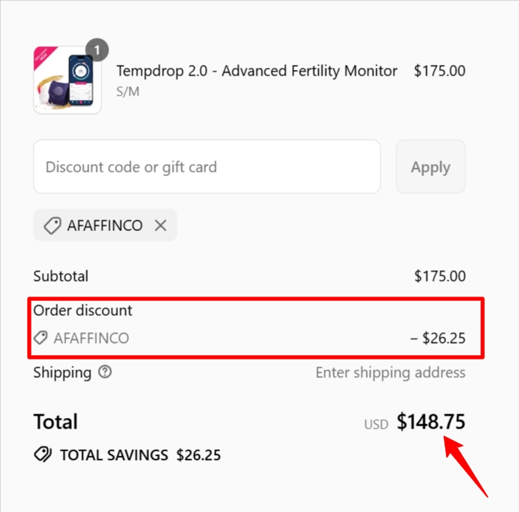 Tempdrop 2.0- applying AFAFFINCO coupon code